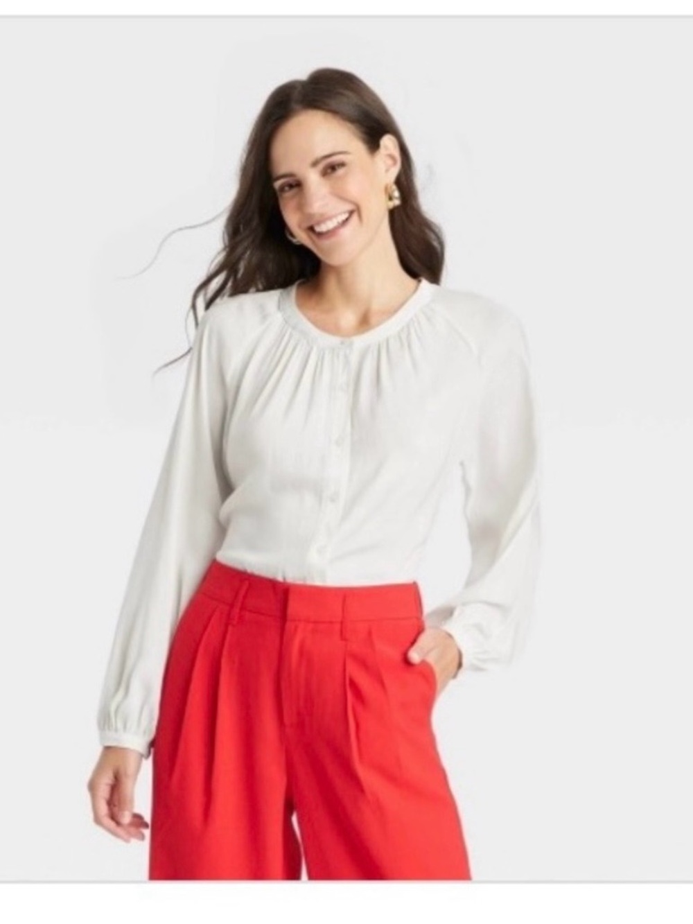 A New Day Women's Balloon Long Sleeve V-Neck Blouse - Cream Size Large